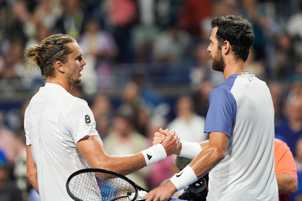 Alexander Zverev and Karen Kachanov shake hands after their semifinal at the National Bank Open 2025
