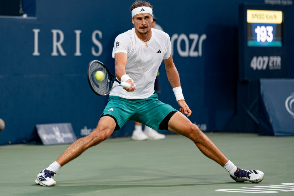 Alexander Zverev his a forehand in the semifinals of the 2025 National Bank Open