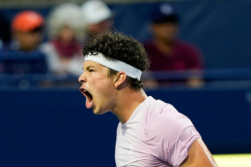 Ben Shelton roars during the Canadian Open final.