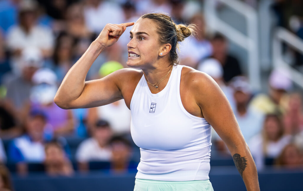 Aryna Sabalenka reacts during her win over Marketa Vondrousova at the 2025 Cincinnati Open