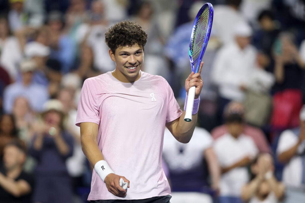 Ben Shelton of United States celebrates his win against Alex De Minaur of Australia during the National Bank Open Presented by Rogers at Sobeys Stadium.