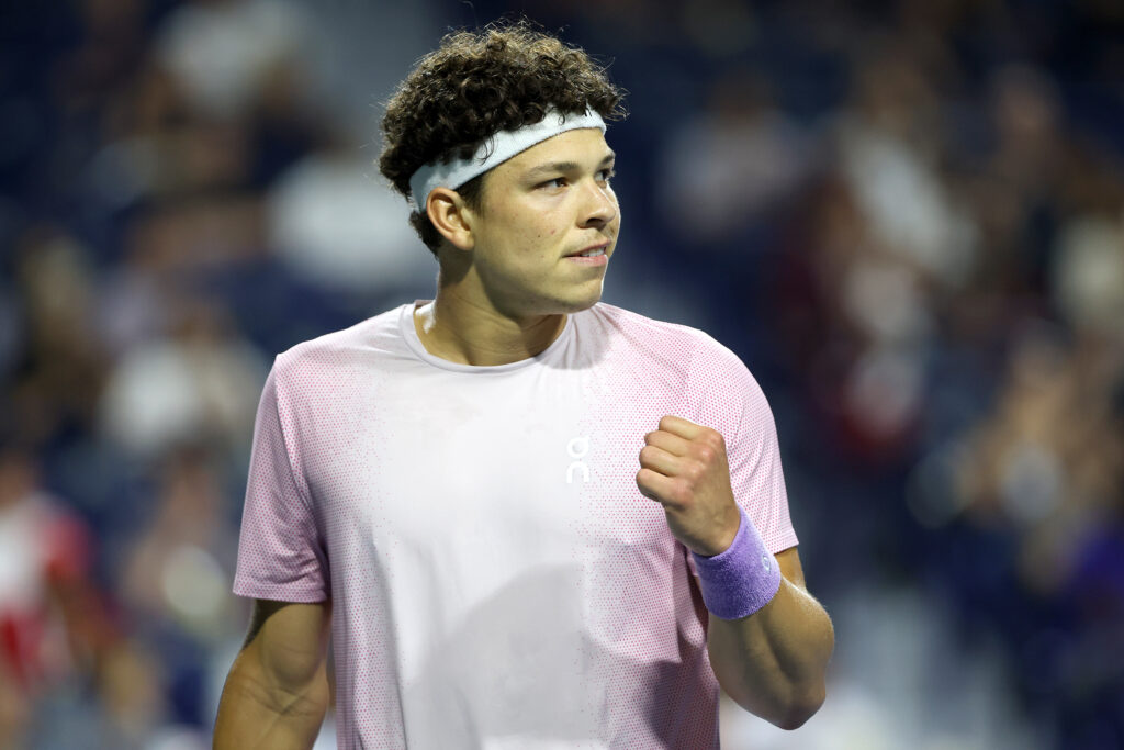 Ben Shelton of United States celebrates while playing Taylor Fritz of United States during the semifinals of the National Bank Open Presented by Rogers at Sobeys Stadium.