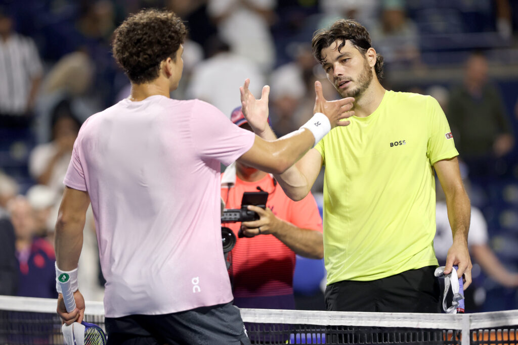 Ben Shelton and Taylor Fritz shake hands after their 2025 Canadian Open semifinal match