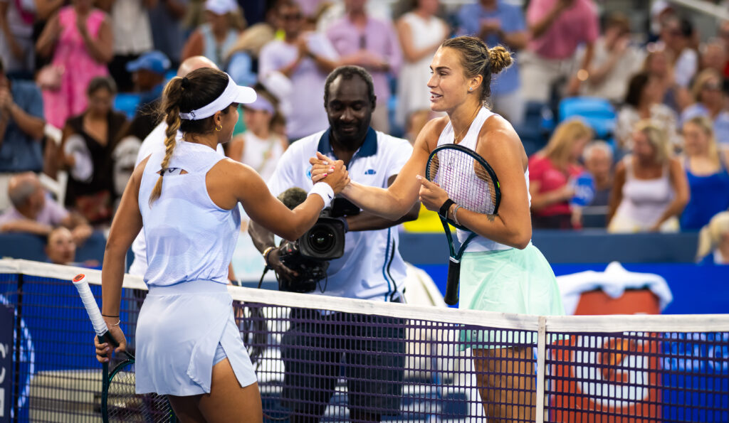 Aryna Sabalenka shakes hands with Jessica Bouzas Maneiro after beating her at the Cincinnati Open 2025 - Day 7