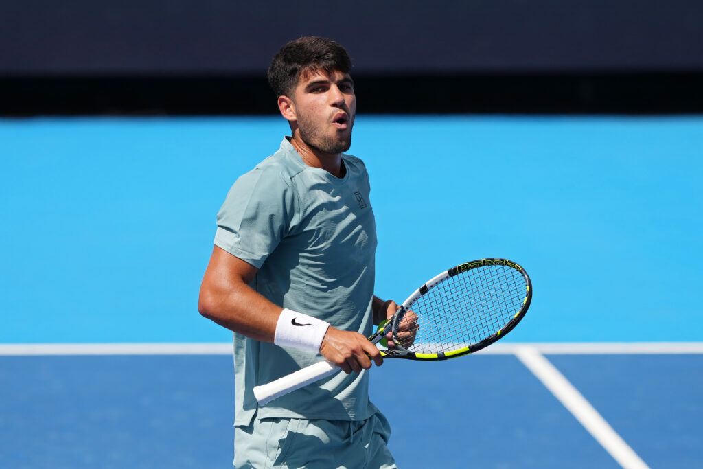 Carlos Alcaraz reacts during his opening round matchup in Cincinnati.