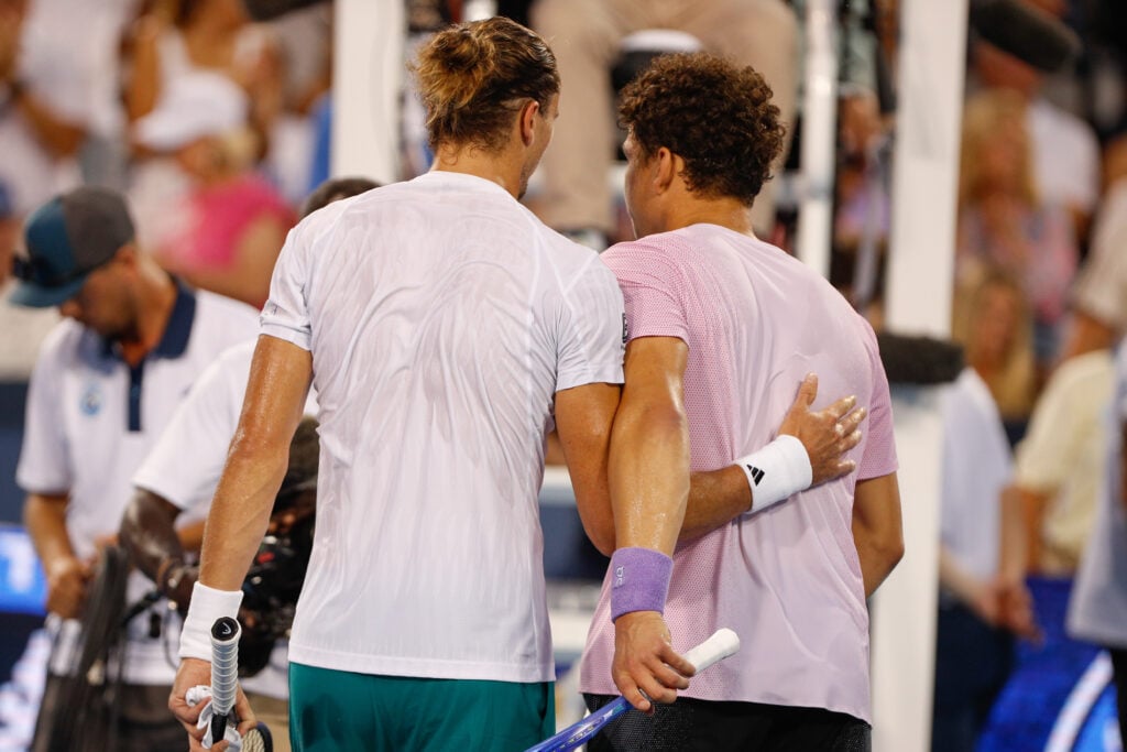 Ben Shelton and Alexander Zverev embrace after their match at the 2025 Cincinnati Open