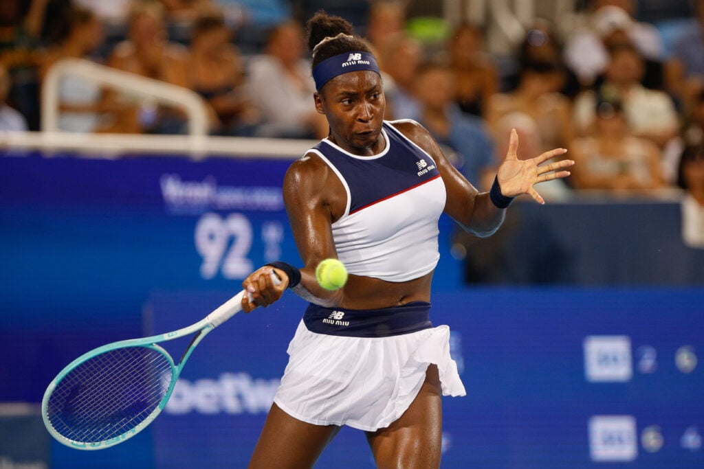 Coco Gauff playing a forehand at the Cincinnati Open.