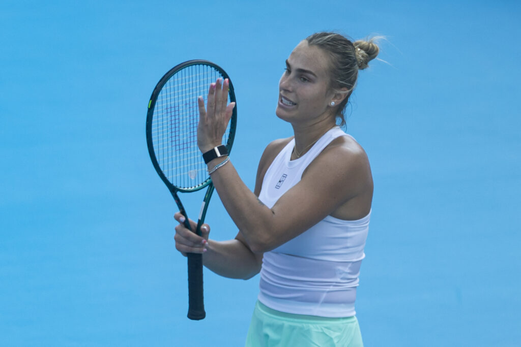 Aryna Sabalenka of Belarus celebrates her victory over Emma Raducanu of Great Britain in the third round of the women's singles at Cincinnati at the Lindner Family Tennis Center.