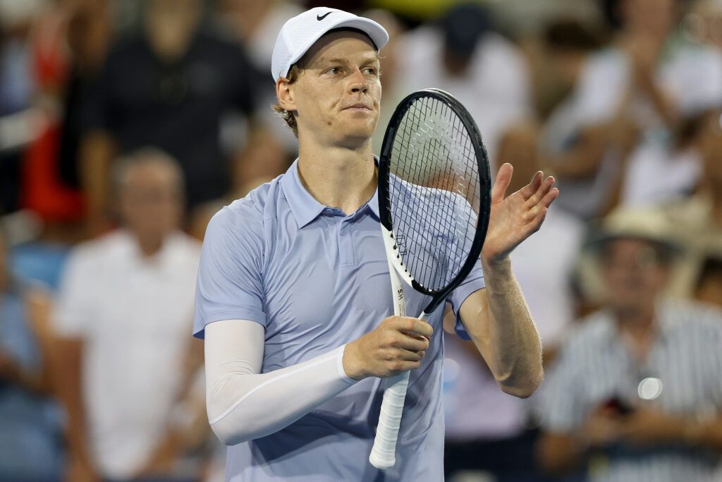 Jannik Sinner of Italy celebrates his win against Gabriel Diallo of Canada during the Cincinnati Open at Lindner Family Tennis Center.