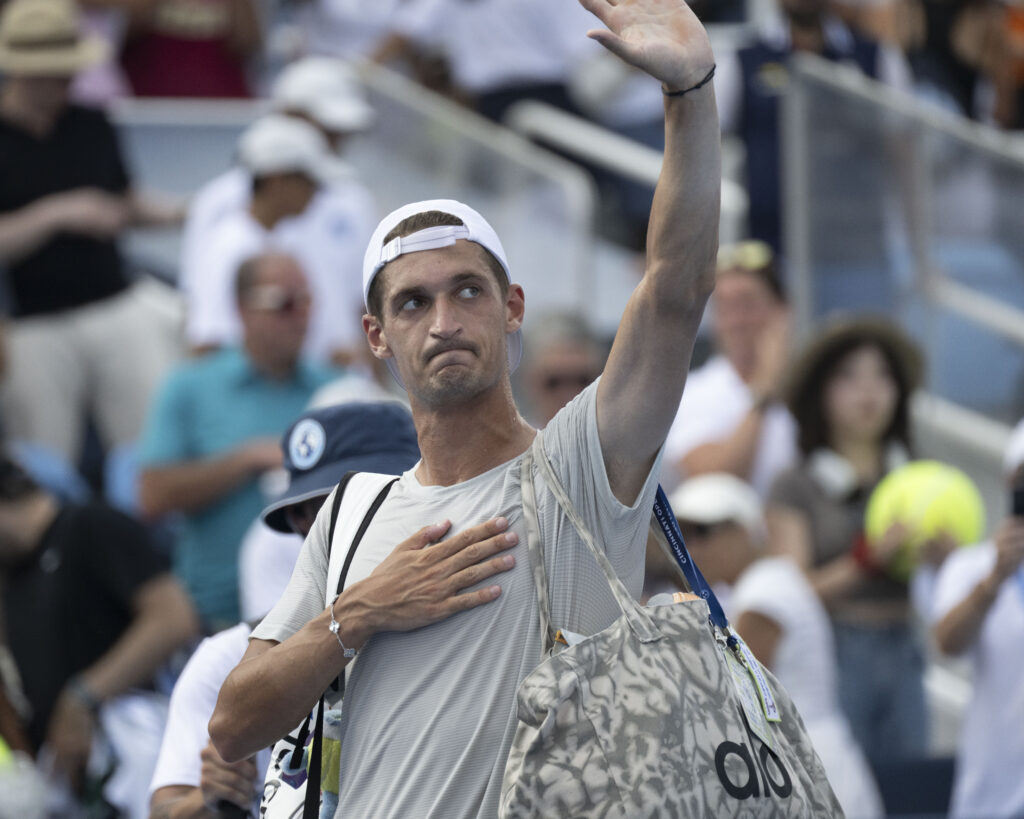 Térence Atmane (FRA) raises his hand and covers his heart in appreciation of the support he received throughout the tounament. He lost to Jannik Sinner (ITA) during the semifinals in the Cincinnati Open at the Lindner Family Tennis Center.