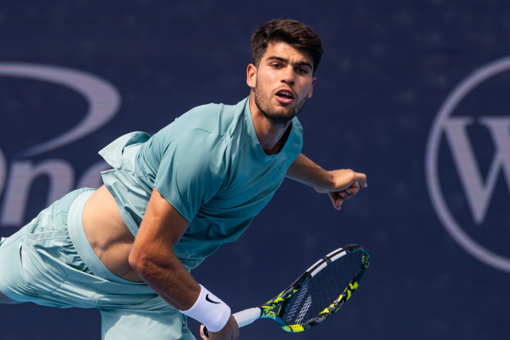 Carlos Alcaraz of Spain in action against Hamad Medjedovic of Serbia in the third round of the men's singles at the Cincinnati Open at the Lindner Family Tennis Center.