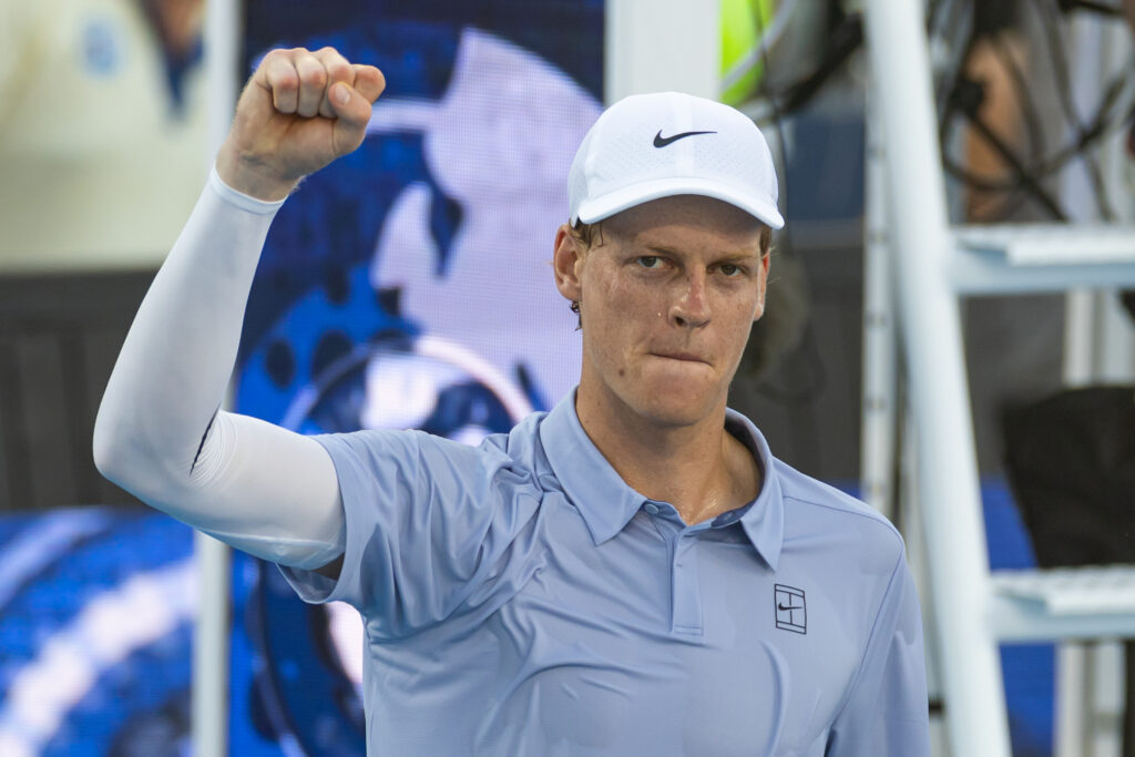 Jannik Sinner celebrates his win over Adrian Mannarino at the 2025 Cincinnati Open