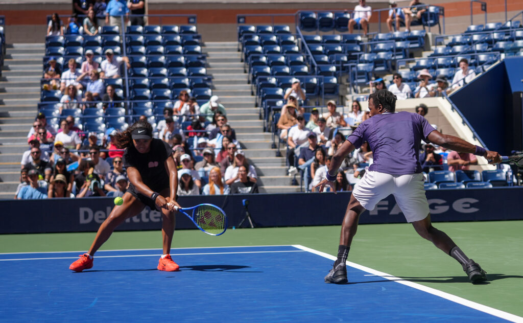 Naomi Osaka and Gael Monfils try to hit a shot