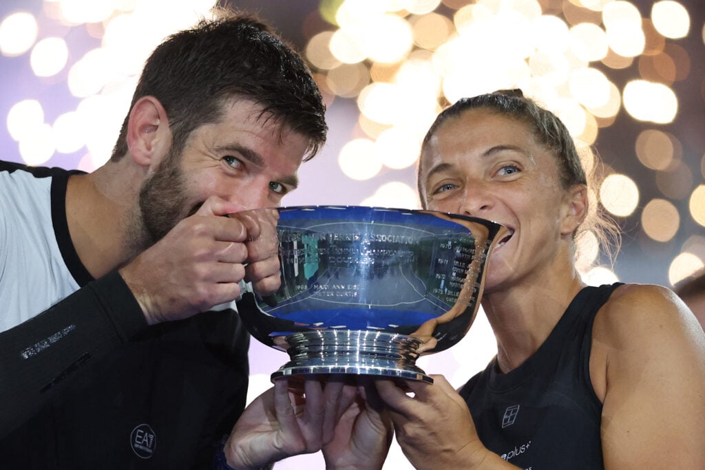 Andrea Vavassori and Sara Errani celebrate after winning the 2025 US Open mixed doubles tournament
