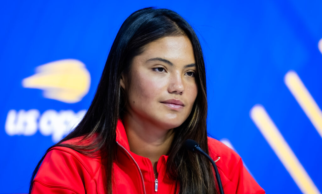 Emma Raducanu of Great Britain talks to the press during Media Day ahead of the US Open at USTA Billie Jean King National Tennis Center.