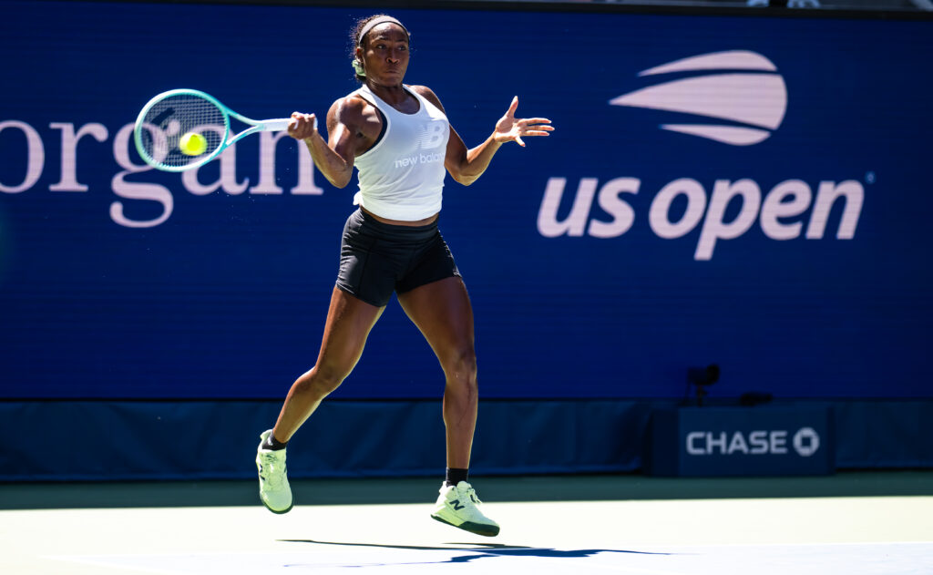 Coco Gauff hits a forehand in practice at the 2025 US Open - Previews