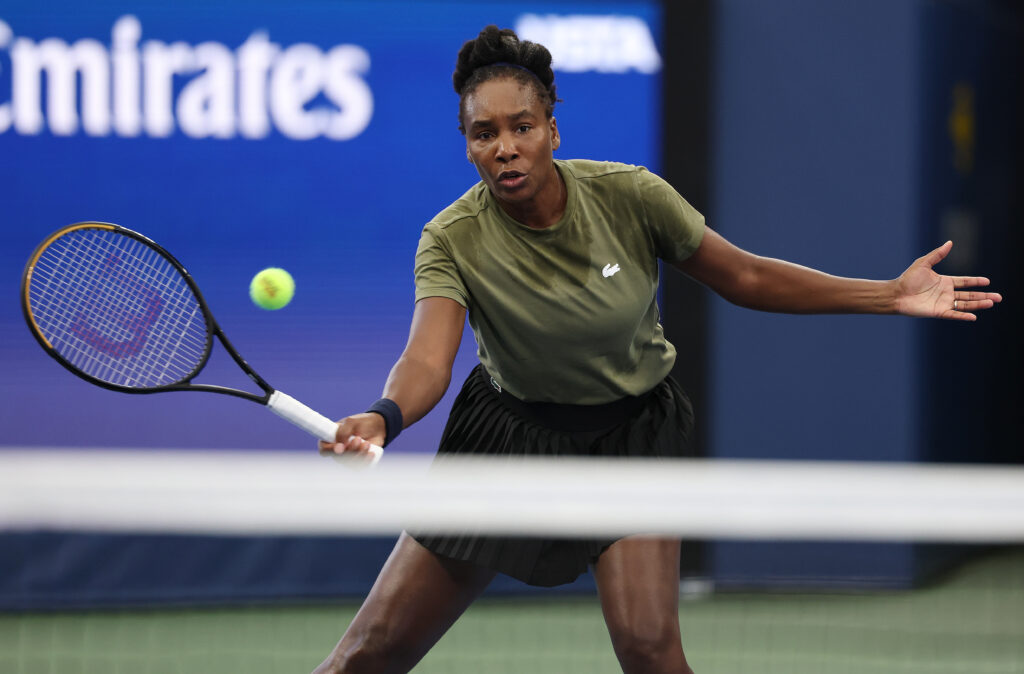 Venus Williams hits a volley in training prior to the start of the US Open
