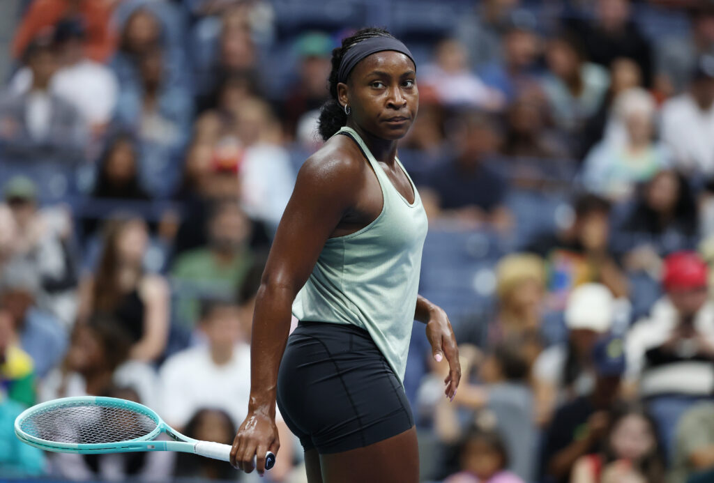 Coco Gauff looks on during a practice session prior to the start of the US Open at USTA Billie Jean King National Tennis Center.