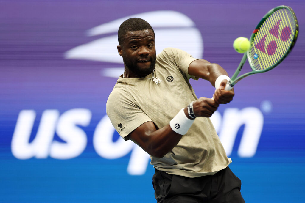 Frances Tiafoe hits a backhand during practice at the 2025 US Open - Previews