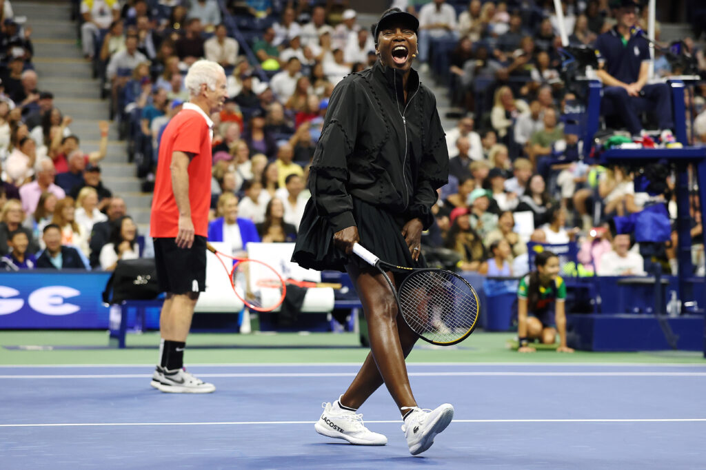 Venus Williams celebrates during an exhibition match ahead of the 2025 US Open