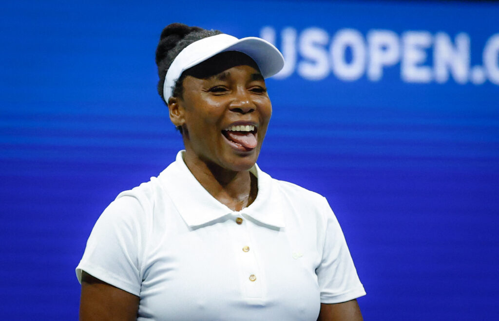 Venus Williams reacts as she plays against Czech Republic's Karolina Muchova during their women's singles first round tennis match on day two of the US Open tennis tournament at the USTA Billie Jean King National Tennis Center.