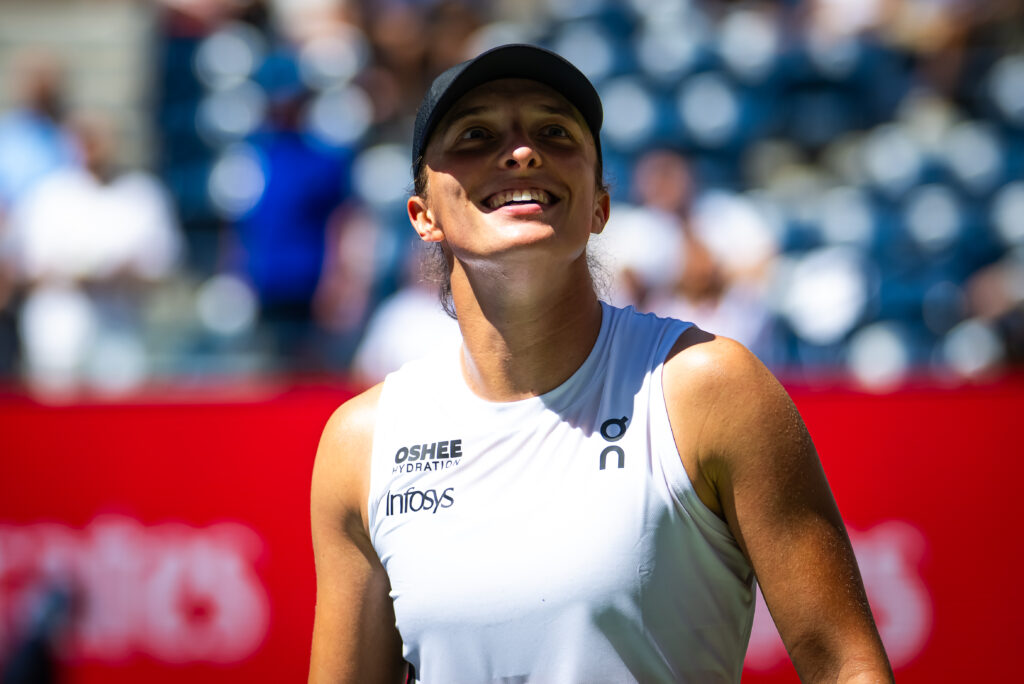 Iga Swiatek celebrates her first-round win at the 2025 US Open