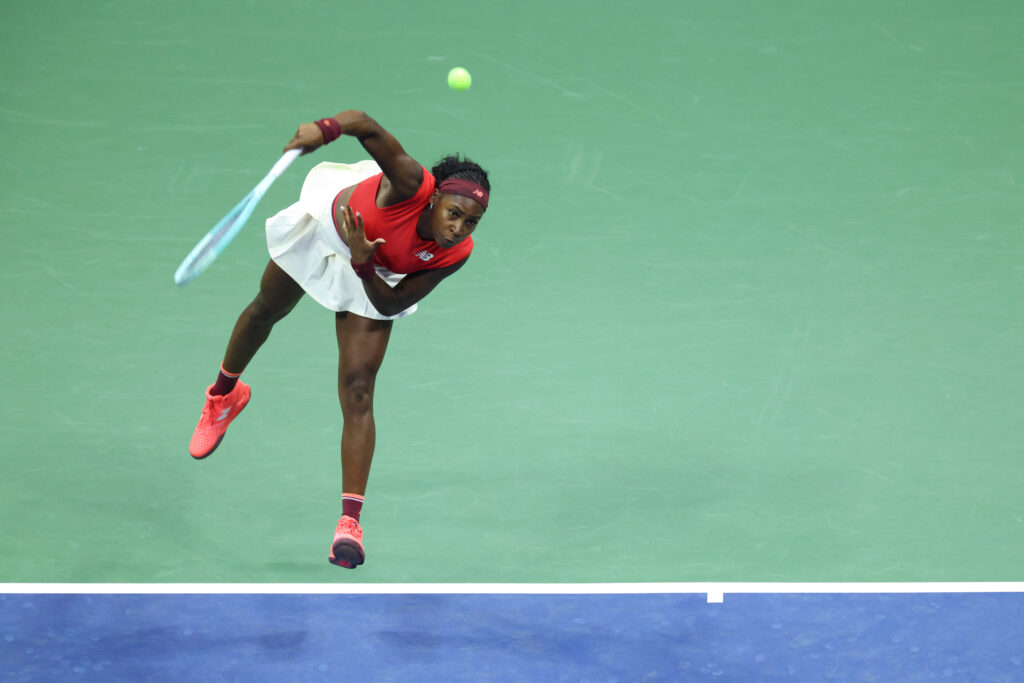 Coco Gauff serves the ball to Australia's Ajla Tomljanovic during their women's singles first round tennis match on day three of the US Open tennis tournament at the USTA Billie Jean King National Tennis Center.