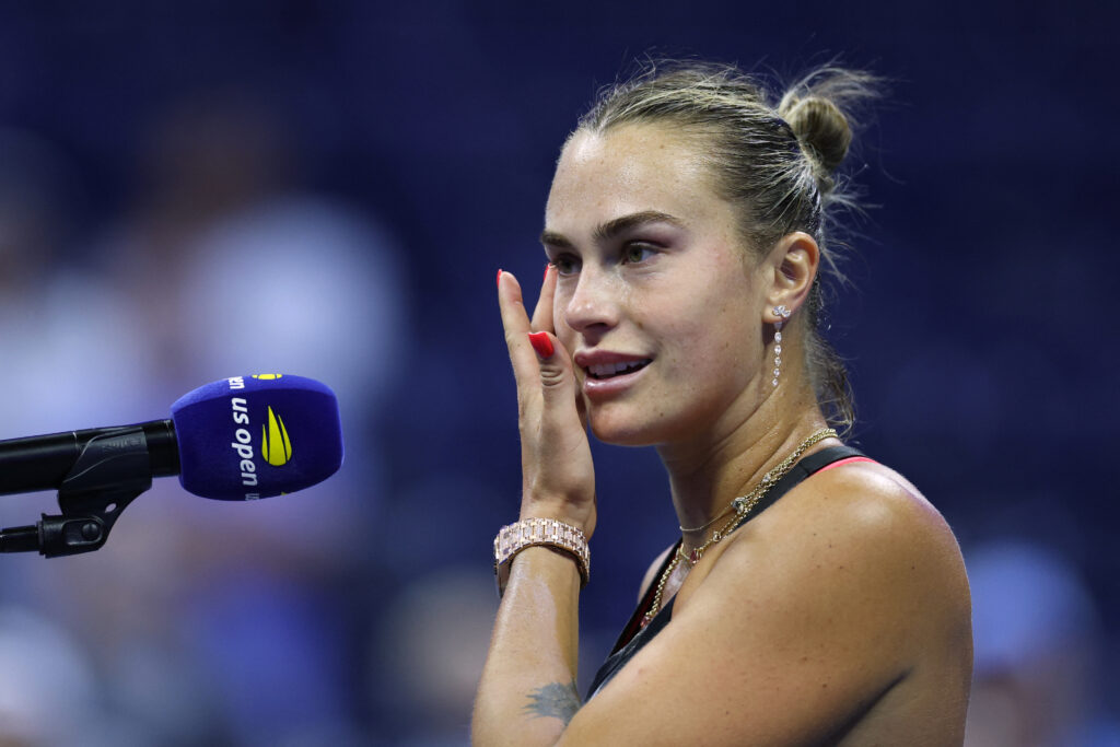 Aryna Sabalenka speaks to the media after beating Polina Kudermetova at the 2025 US Open