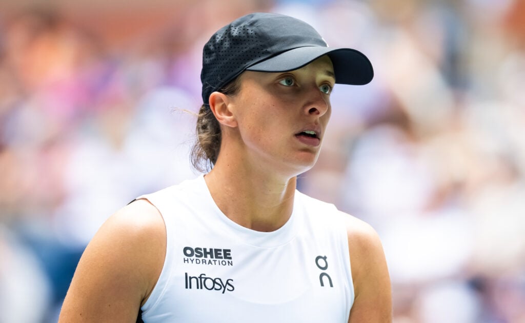 Iga Swiatek looks on during her win over Suzan Lamens at the 2025 US Open
