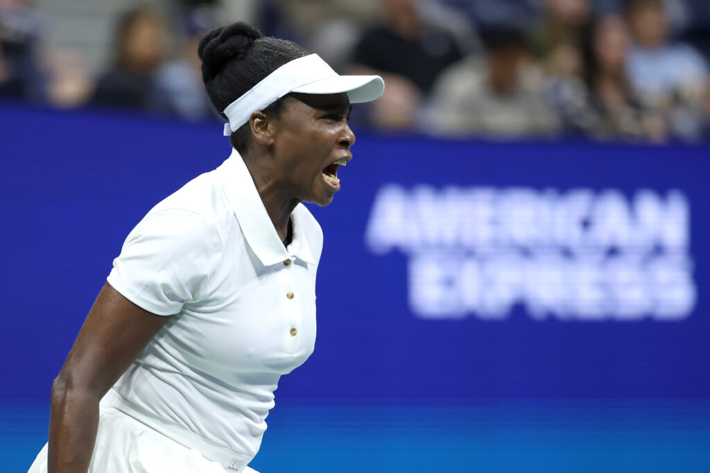 Venus Williams reacts during her first-round match at the 2025 US Open