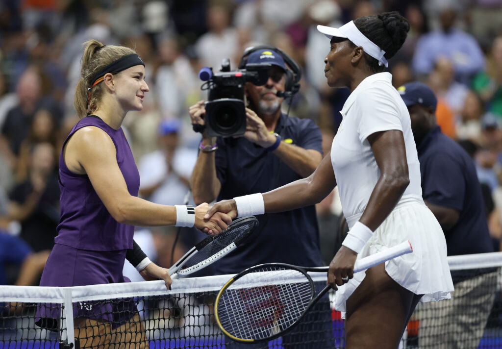 Karolina Muchova of Czech Republic greets Venus Williams of the United States following their Women's Singles First Round match on Day Two of the 2025 US Open at USTA Billie Jean King National Tennis Center.