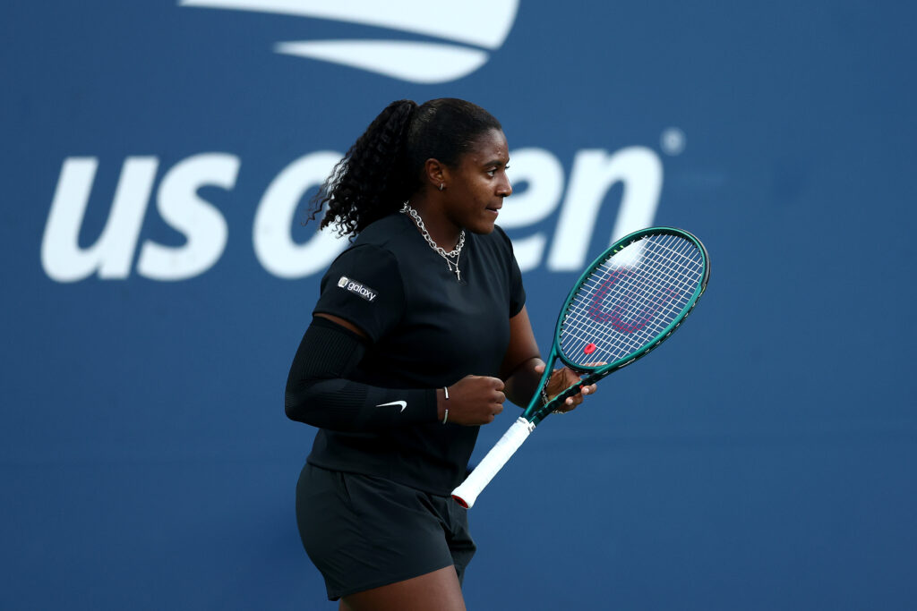 Hailey Baptiste of the United States reacts against Katerina Siniakova of the Czech Republic during their Women's Singles First Round match on Day Three of the 2025 US Open at USTA Billie Jean King National Tennis Center.