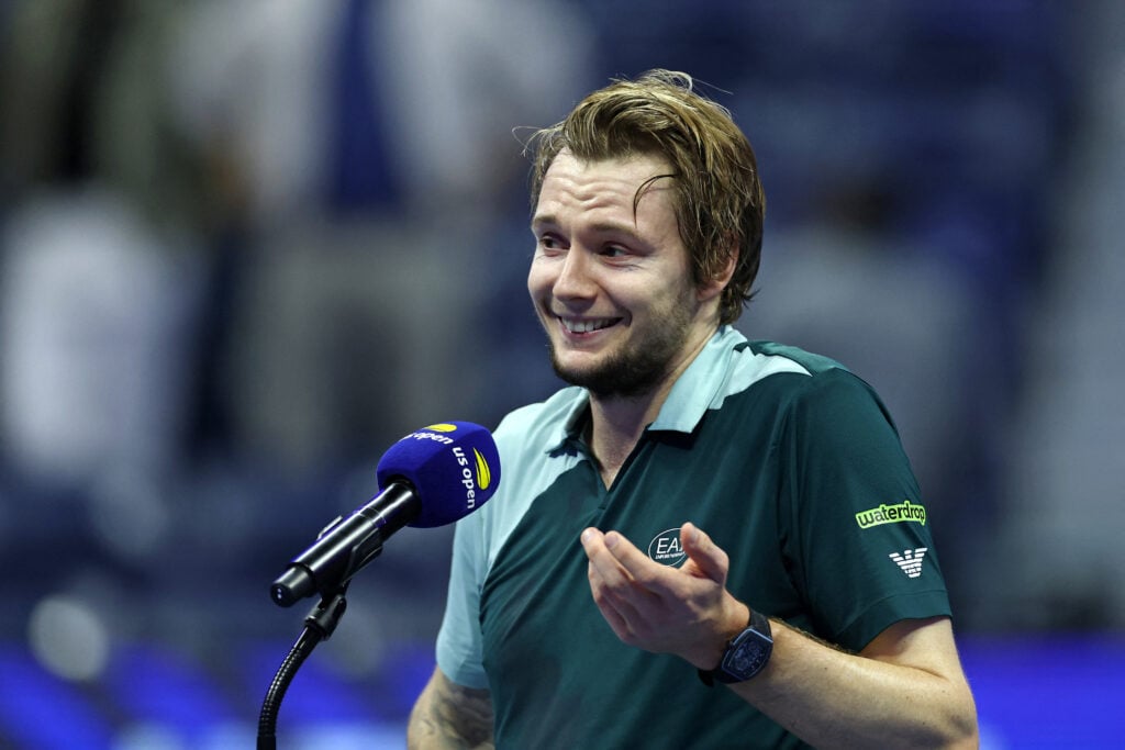 Alexander Bublik speaks to the media after beating Tommy Paul at the 2025 US Open