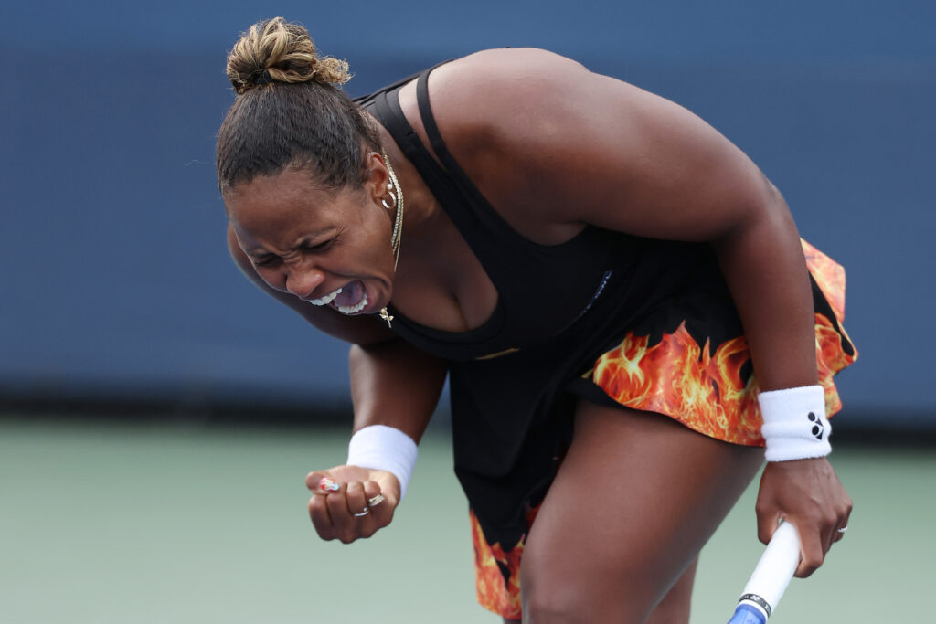 Taylor Townsend of the United States celebrates winning match point against Jelena Ostapenko of Latvia during their Women's Singles Second Round match on Day Four of the 2025 US Open