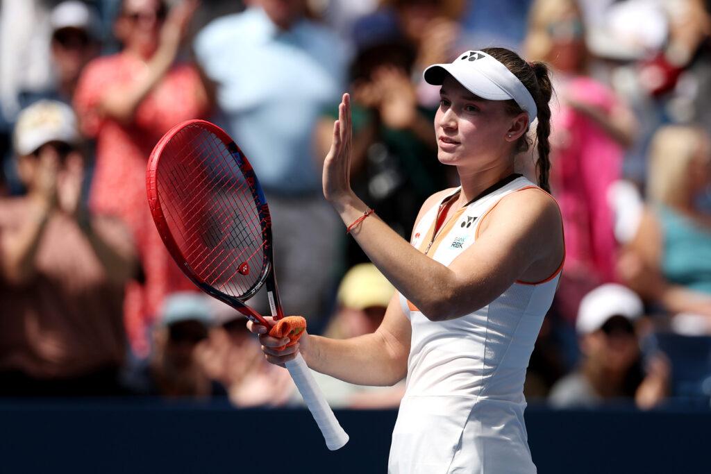 Elena Rybakina of Kazakhstan celebrates after defeating Emma Raducanu of Great Britain during their Women's Singles Third Round match on Day Six of the 2025 US Open at USTA Billie Jean King National Tennis Center.