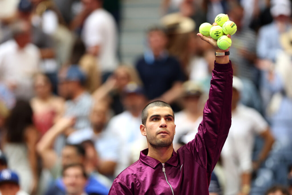 Carlos Alcaraz of Spain looks on after defeating Luciano Darderi of Italy in their Men's Singles Third Round match on Day Six of the 2025 US Open at USTA Billie Jean King National Tennis Center.