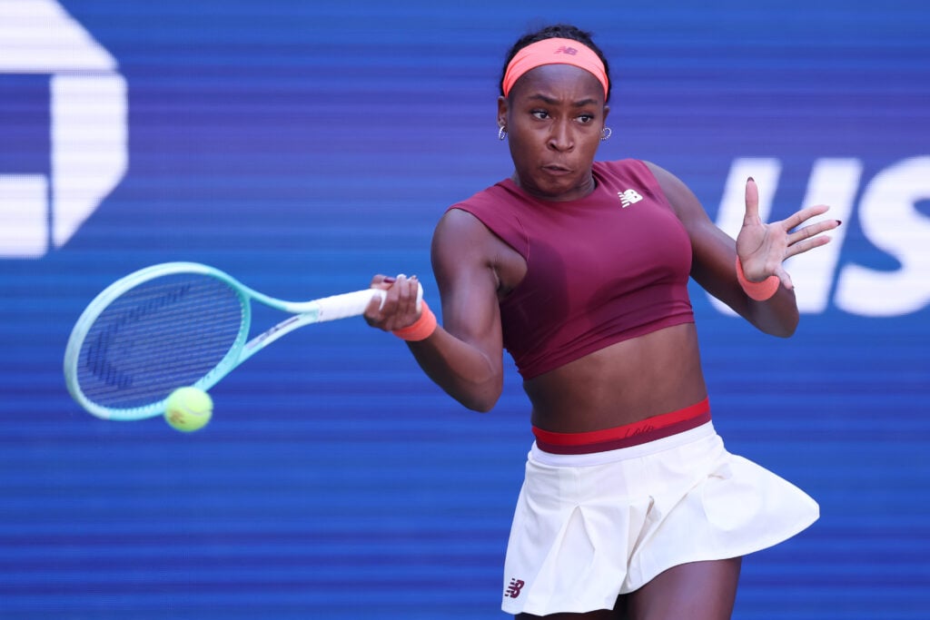 Coco Gauff of the United States returns to Magdalena Frech of Poland during their Women's Singles Third Round match on Day Seven of the 2025 US Open at USTA Billie Jean King National Tennis Center.