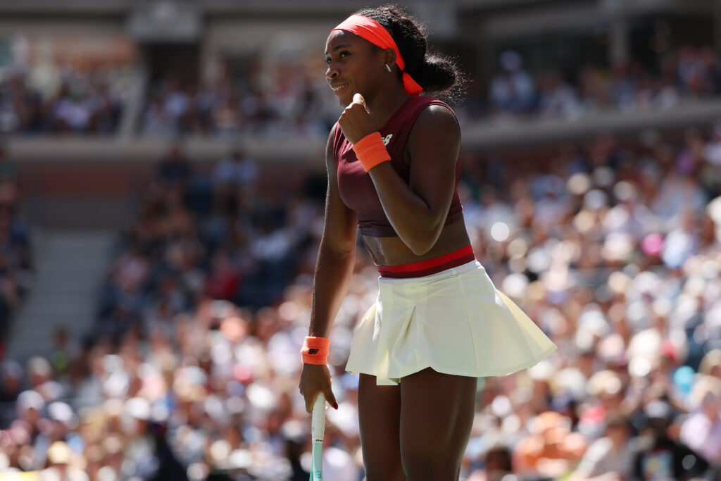 Coco Gauff reacts after beating Magdalena Frech at the US Open.
