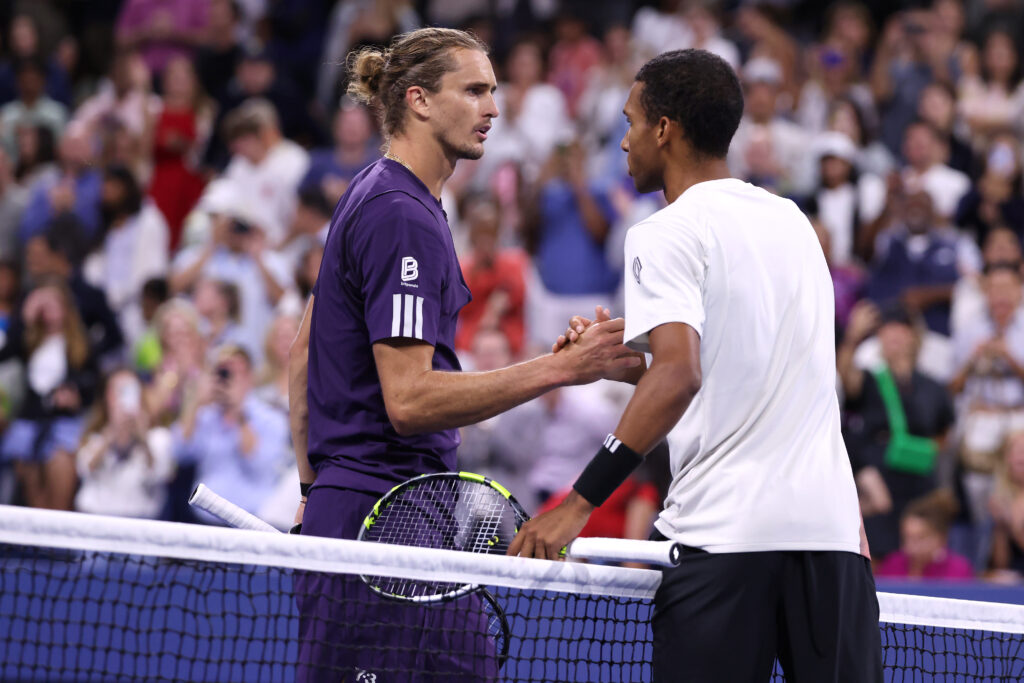 Alexander Zverev shakes hands with Felix Auger-Aliassime after the 2025 US Open third-round.