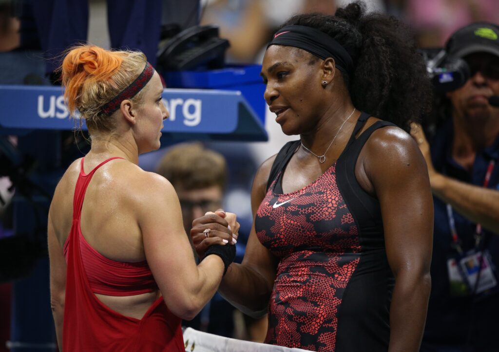Serena Williams of the USA shakes hands with Bethanie Mattek-Sands of the United States after their Women's Singles Third Round match on Day Five of the 2015 US Open