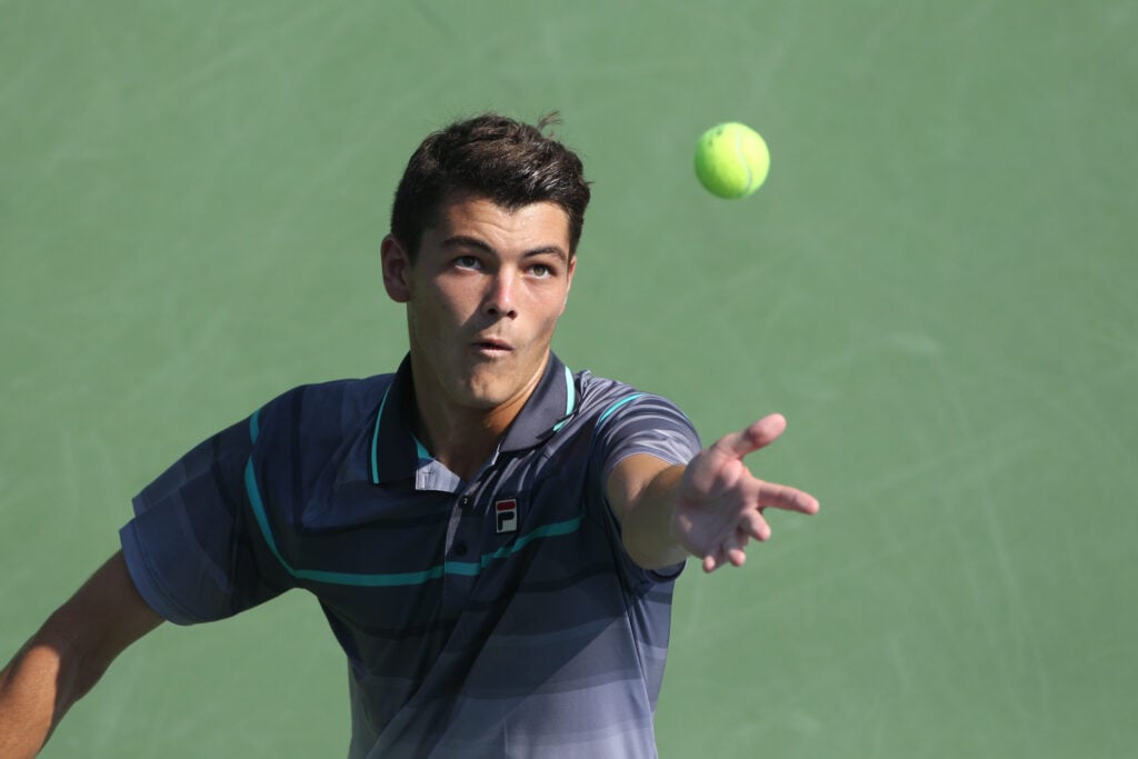 Taylor Fritz, USA, in action against Yusuke Takahashi, Japan, in the Junior Boys' Singles - Round 2, during the US Open Tennis Tournament.