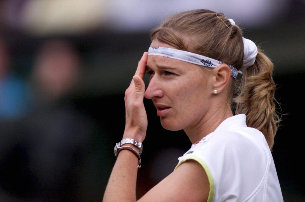Steffi Graf looks on during the Wimbledon final in 1999.