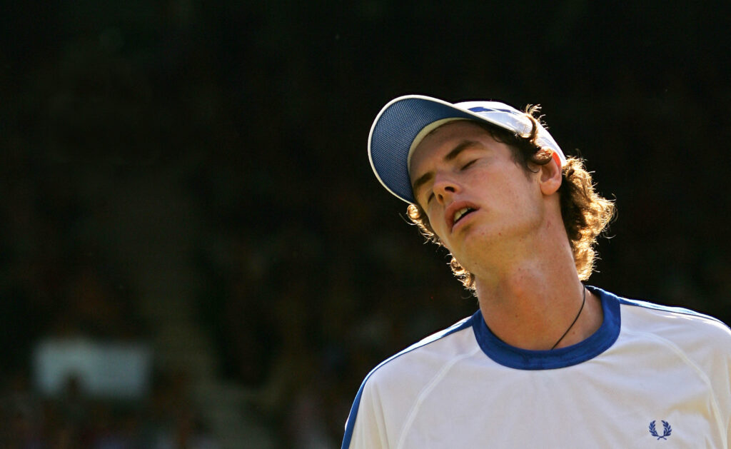 Andy Murray reacts during his fourth-round match with Marcos Baghdatis at Wimbledon in 2006