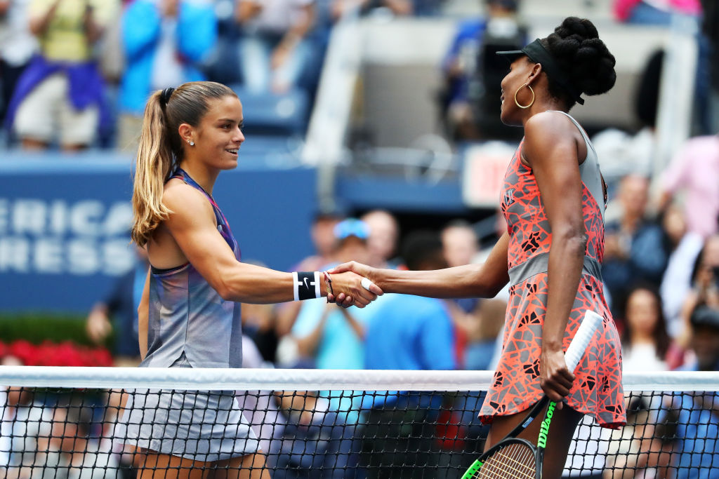 Venus Williams of the United States shakes hands after defeating Maria Sakkari of Greece during their third round match on Day Five of the 2017 US Open