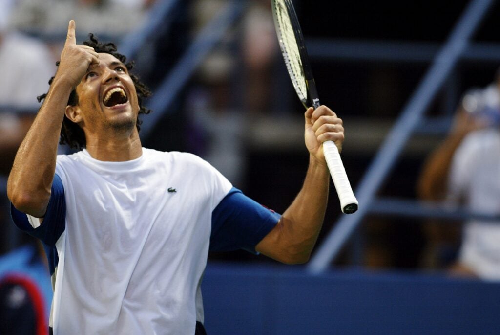 Younes El Aynaoui of Morocco celebrates scoring a point during match against Rafael Nadal of Spain at Louis Armstrong Stadium in the second round of men's singles at the U.S. Open in Flushing Meadows-Corona Park.