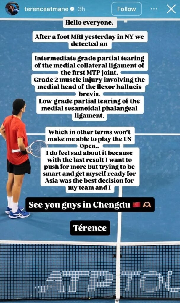 Terence Atmane posts a statement on social media to confirm why he withdrew from US Open qualifying.