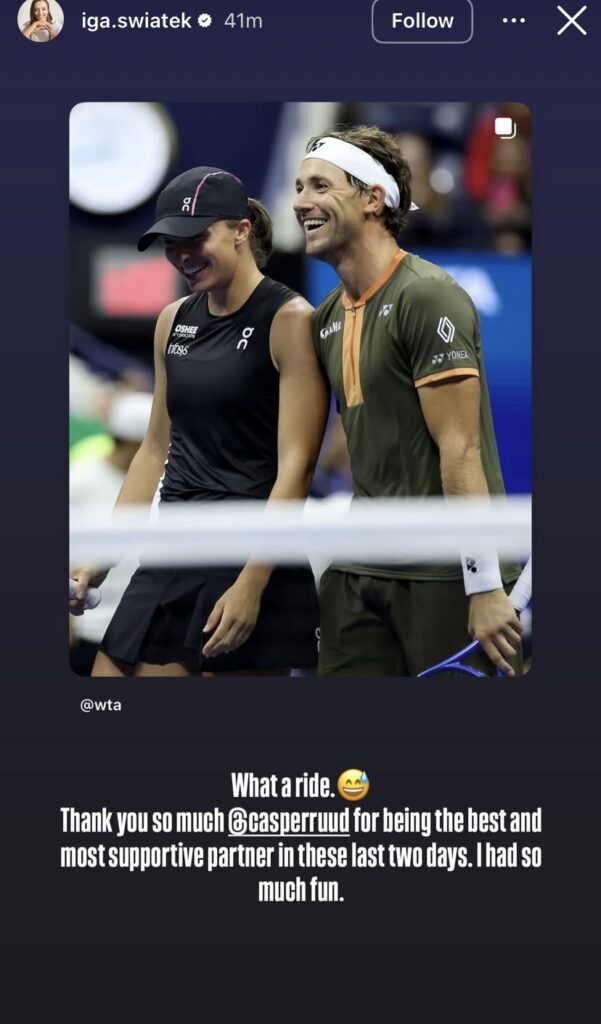 Iga Swiatek sends heartfelt message to doubles partner Casper Ruud after they losing the US Open mixed doubles final.