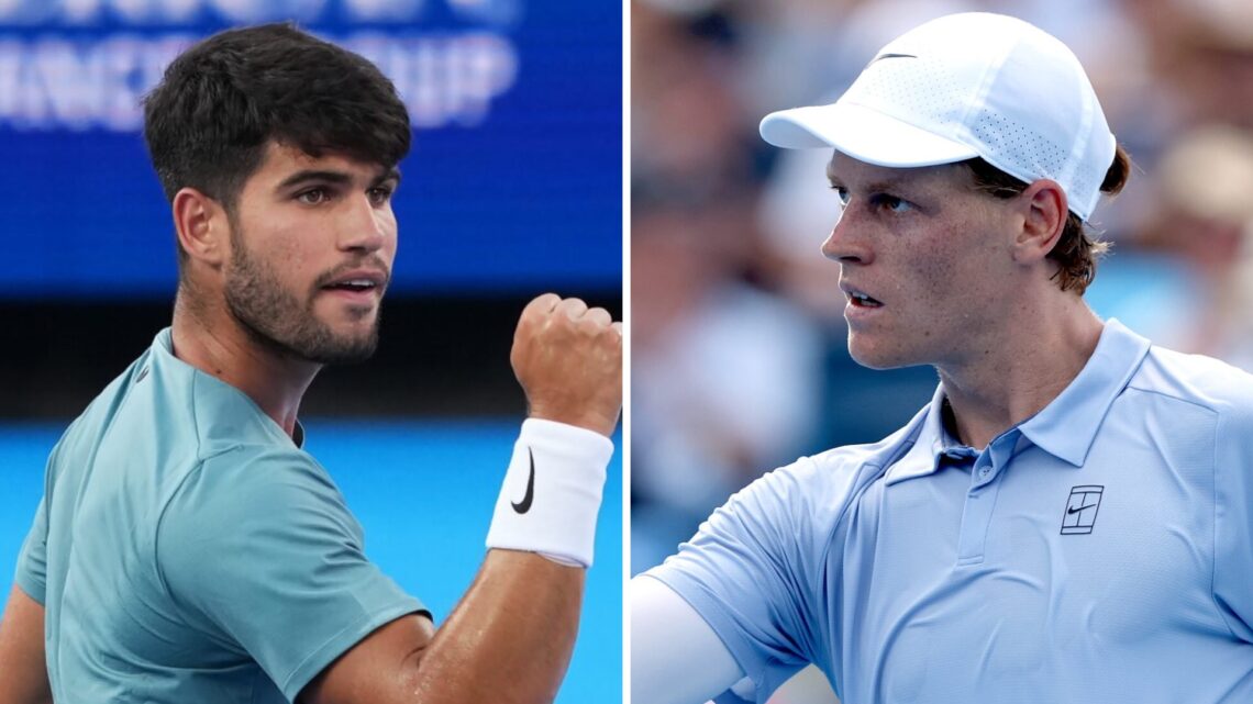 Carlos Alcaraz (L) pumps his fist in Cincinnati, Jannik Sinner (R) celebrates in Cincinnati.