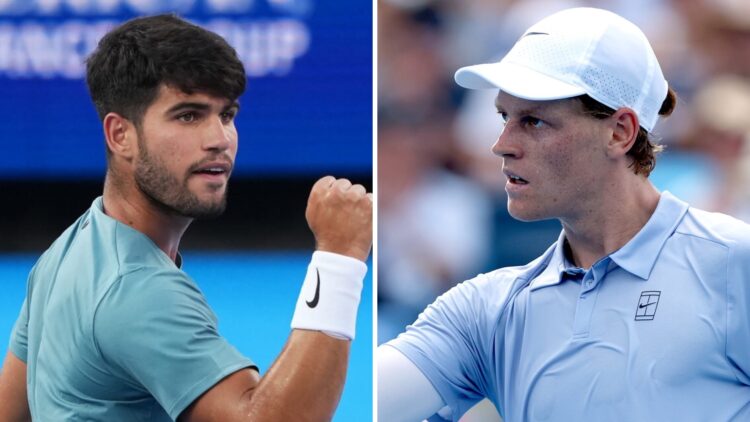 Carlos Alcaraz (L) pumps his fist in Cincinnati, Jannik Sinner (R) celebrates in Cincinnati.