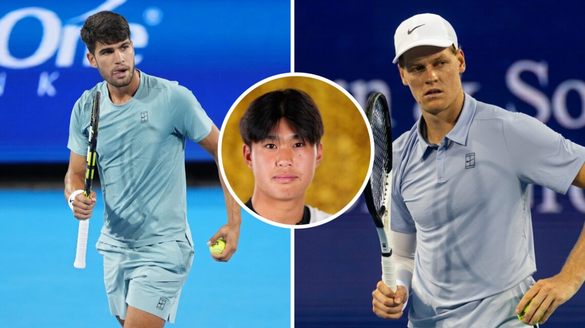 Split image of Carlos Alcaraz of Spain reacts after winning a game Luca Nardi of Italy during Day 7 of the Cincinnati Open at the Lindner Family Te...